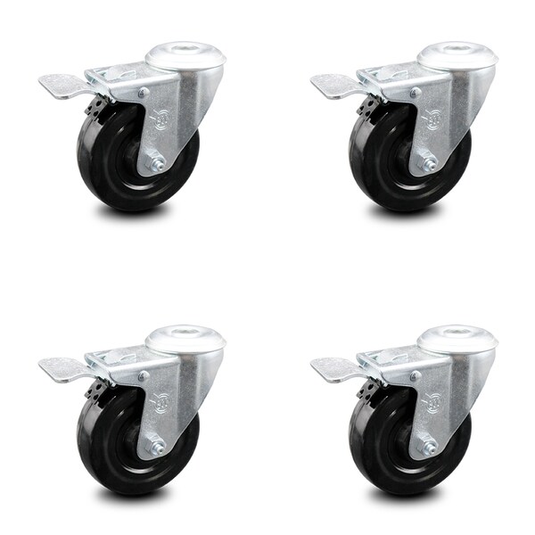 4 Inch Hard Rubber Wheel Swivel Bolt Hole Caster Set with Total Lock Brake SCC